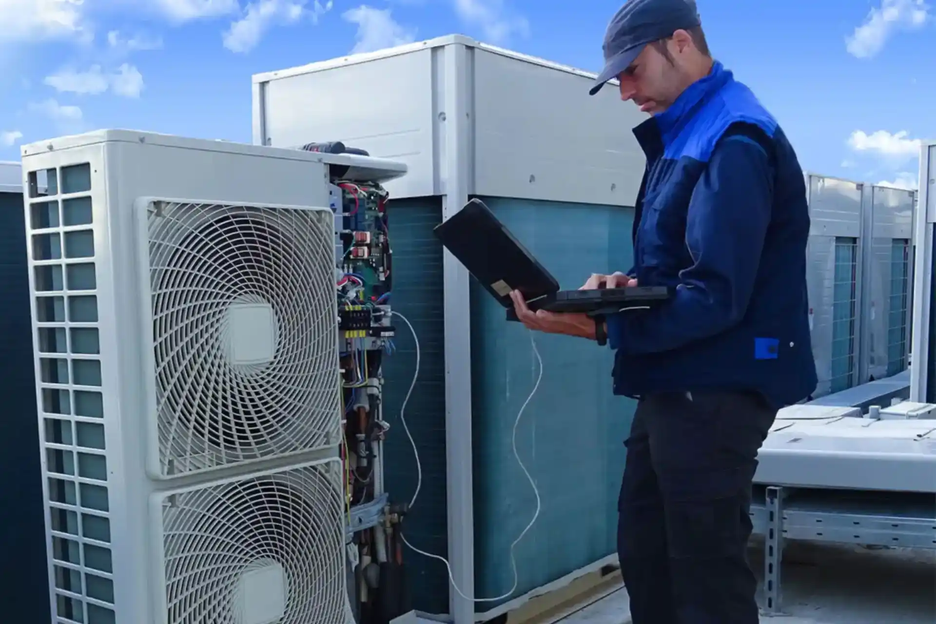 Technician performing installation service on outdoor commercial air conditioning units for reliable performance.